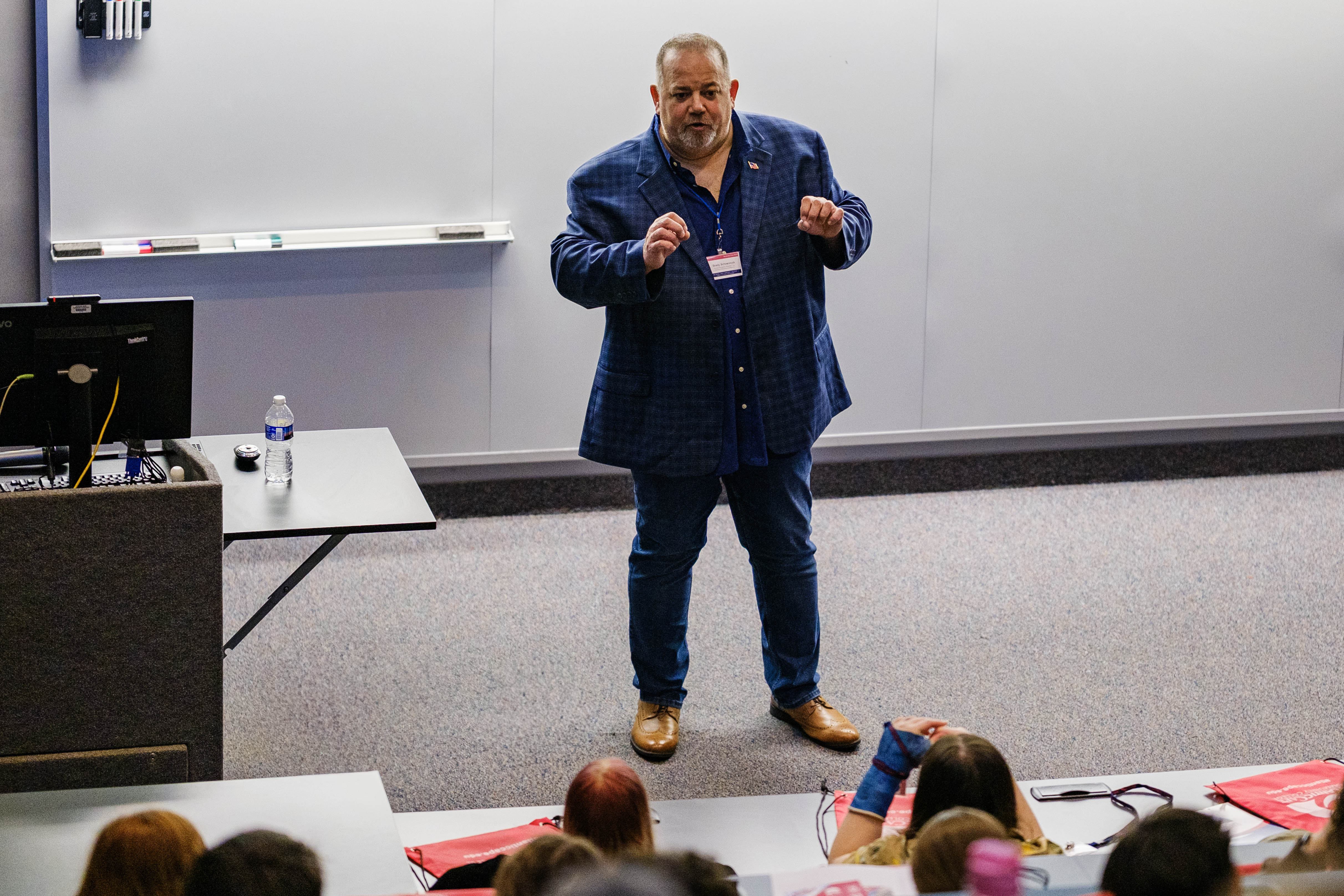 Keynote speaker Brady Schoenrock speaks to the students