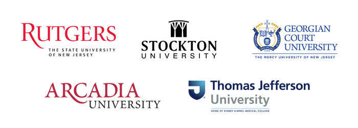 Rutgers State University of New Jersey logo, Stockton University Logo, Georgian Court University logo, Arcadia University logo, and Thomas Jefferson University Logo together