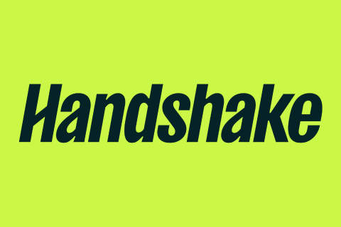 handshake logo (black text and neon green background)
