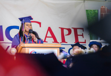 Outgoing Student Government Association President Jasmin Caldwell addresses the crowd