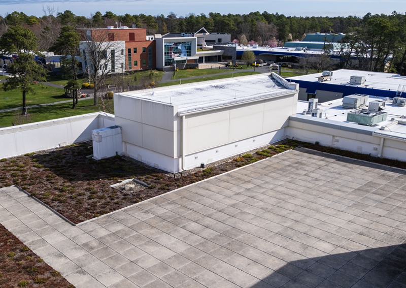 View from the green roof of the STEM building overlooking the quad.