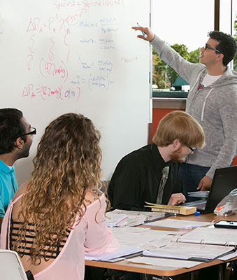 students around a table with someone pointing to whiteboard