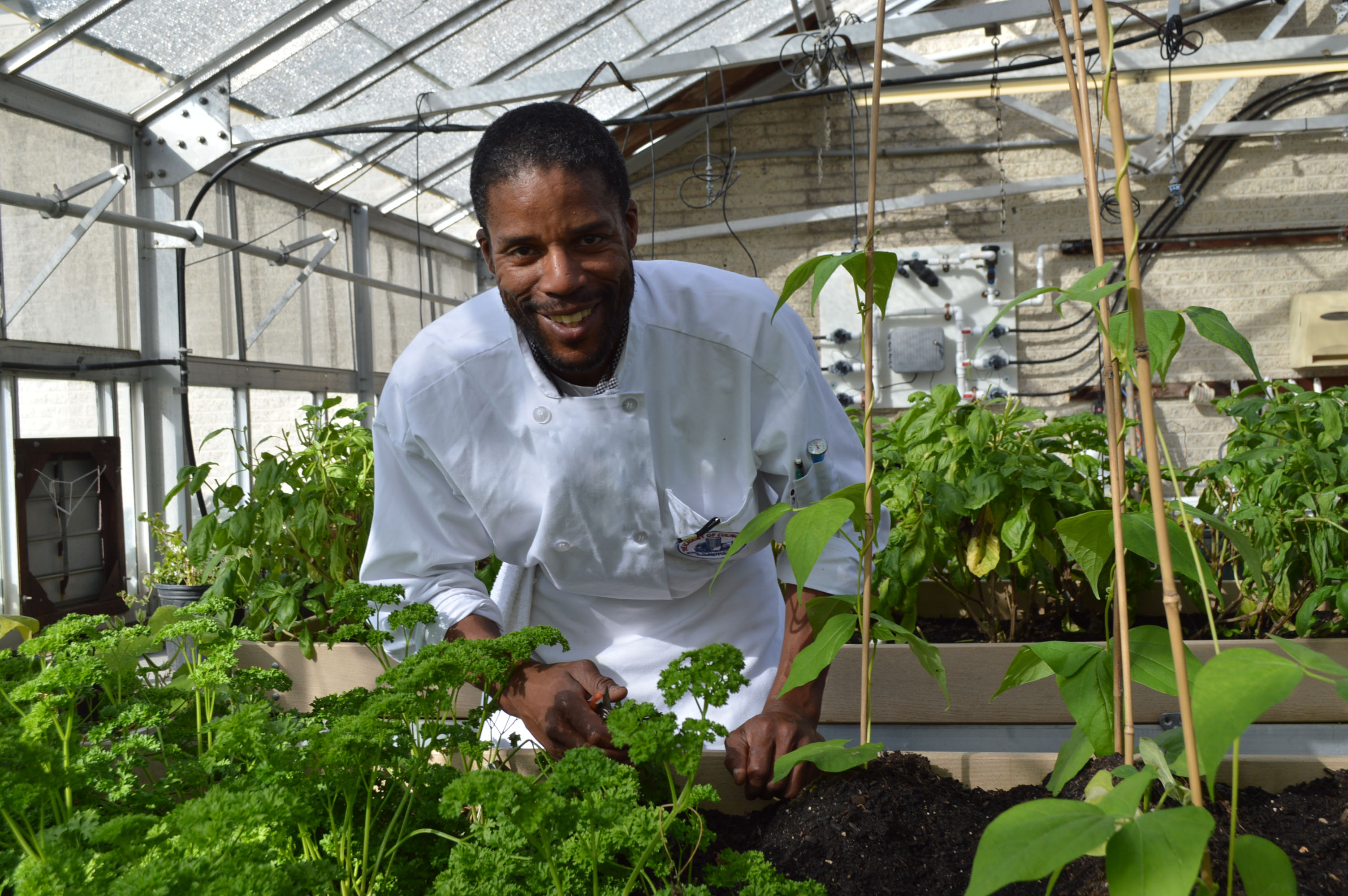 student in greenhouse