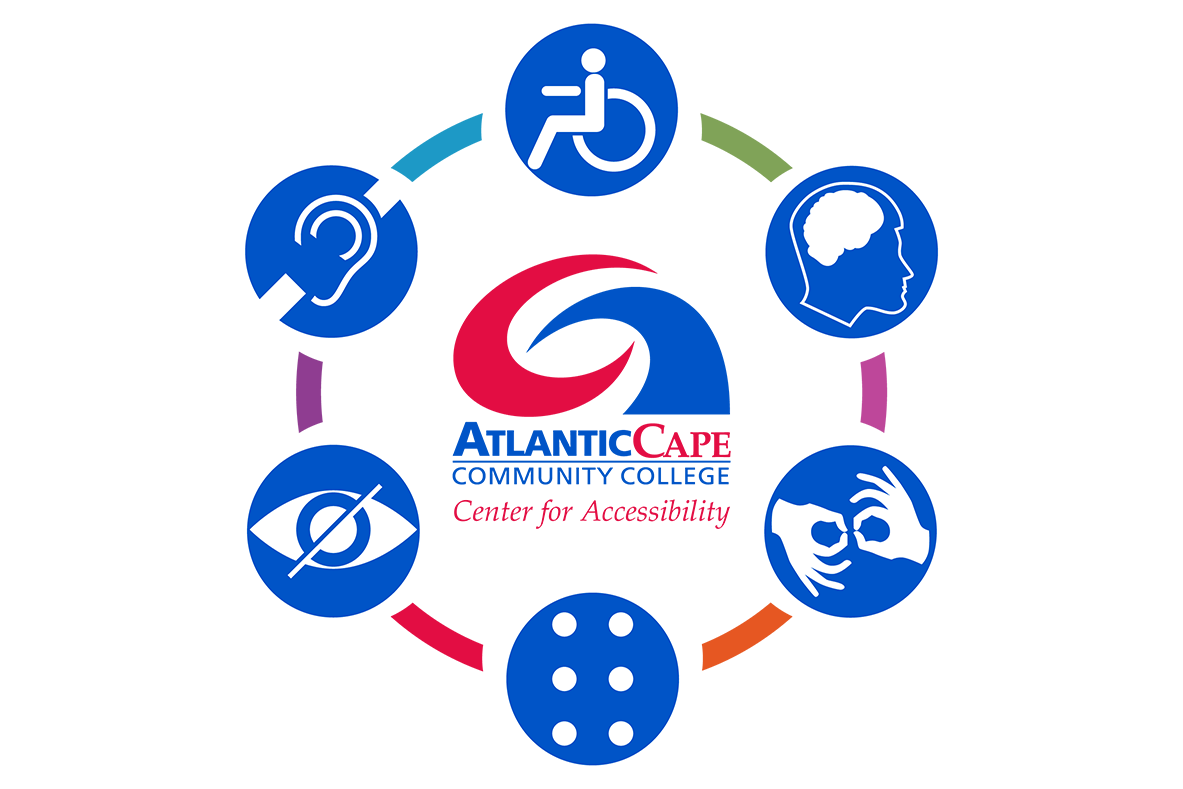 Image with college logo and icon surrounding the logo depicting accessibility