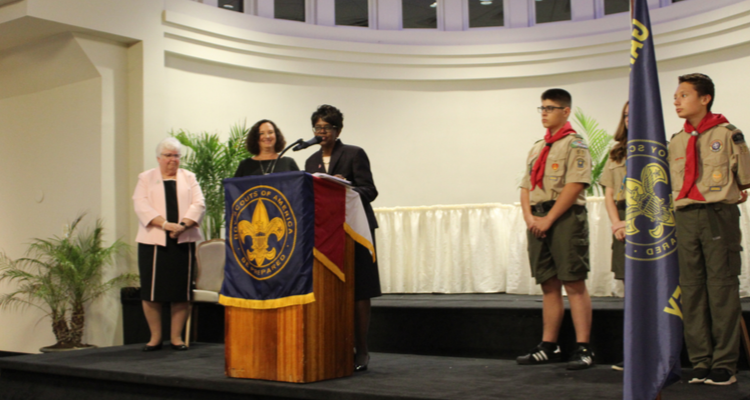 Atlantic Cape president Dr Gaba was given a leadership award from the local chapter of the boy scouts of America