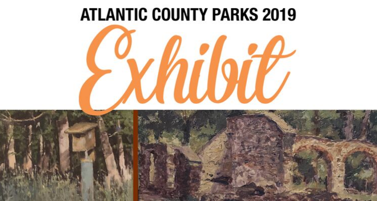 watercolor painting of building and birdhouse with text "atlantic county Parks 2019 Exhibit"