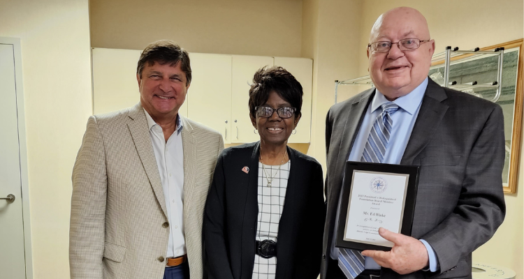 Atlantic Cape Foundation Board President James Rutala, Atlantic Cape Community College President Dr. Barbara Gaba and 2022 President’s Distinguished Foundation Board Member Ed Blake at the June 22, 2022 Foundation board meeting.