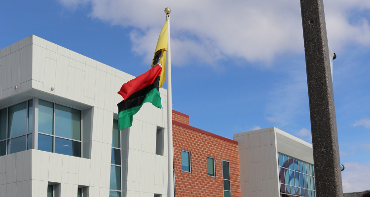 Pan-African flag is raised in the quad at the Mays Landing campus at Atlantic Cape.