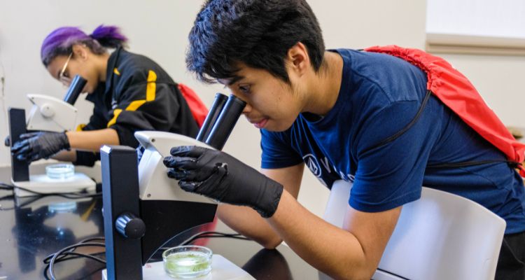 High school student looks through microscope during College Awareness Day