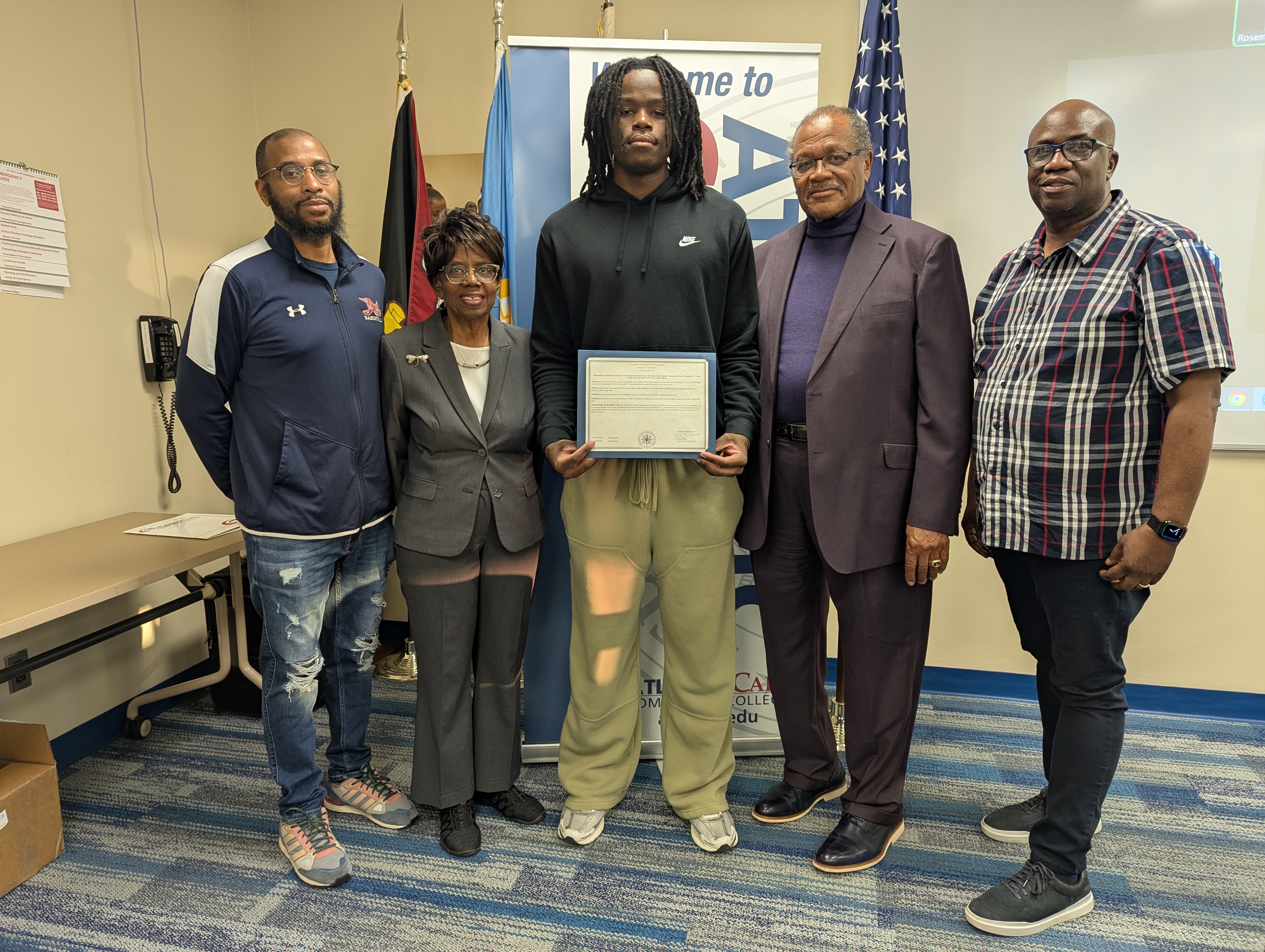 Men's basketball student athlete Christopher Parker is recognized by the Atlantic Cape Board of Trustees