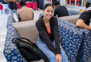 Melanie Vasquez sits in the Student Center on first day of fall semester